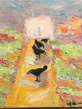 Crows by The White Cottage"  an Original  Oil  Painting   14”x11” Handmade